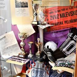 Hejtmanka Stráská a její náměstek Hroch zahajovali výstavu 100 let milevského fotbalu. Ta nabízí například i zlatou kopačku Jana Kollera